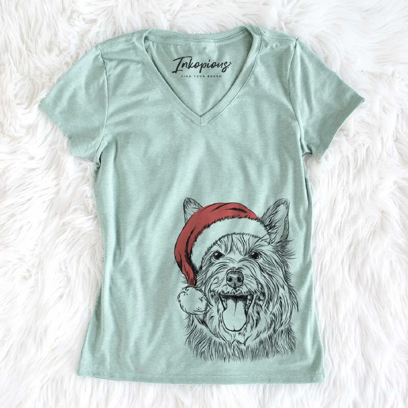 Santa Middy the Australian Terrier - Women's V-neck Shirt-- Fleece Nylon Spandex