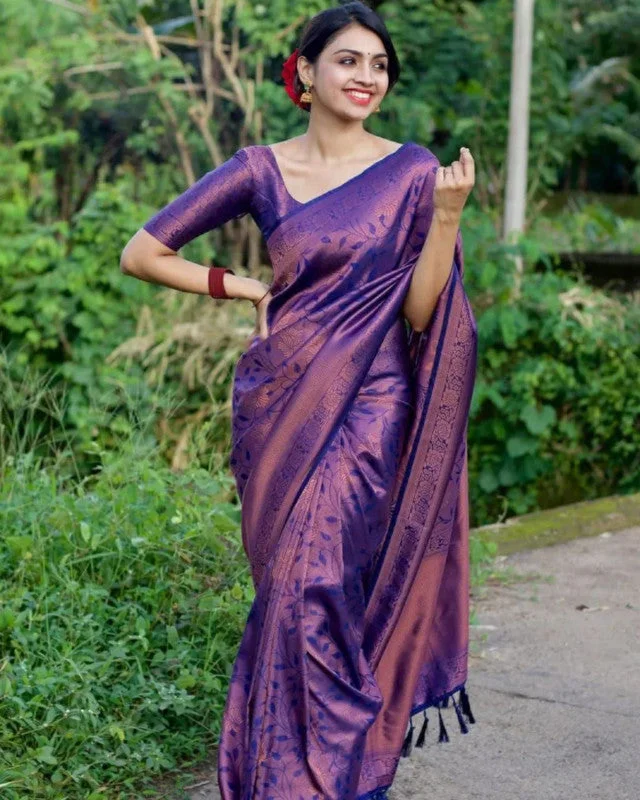 Women Banarasi Silk Woven Saree With Blouse Piece Chic Ruffle Blouse