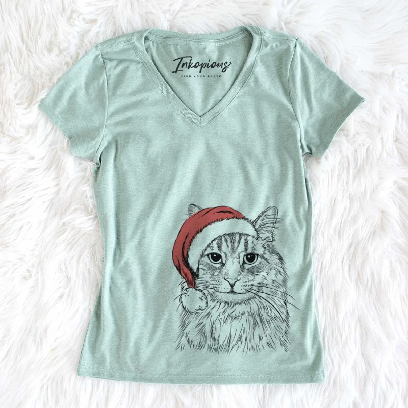Santa Oliver Fluff the Maine Coon Mix Cat - Women's V-neck Shirt-- Knit Fabric Woven Fabric Fleece Fabric Santa Oliver Fluff the Maine Coon Mix Cat - Women's V-neck Shirt-- Knit Fabric Woven Fabric Fleece Fabric