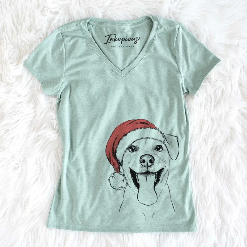 Santa Lily Estelle the Mixed Breed - Women's V-neck Shirt-- Graphic Embroidered Appliqued Santa Lily Estelle the Mixed Breed - Women's V-neck Shirt-- Graphic Embroidered Appliqued