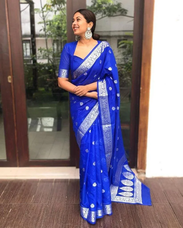 Women Banarasi Silk Woven Saree With Blouse Piece Airy Cotton Blouse