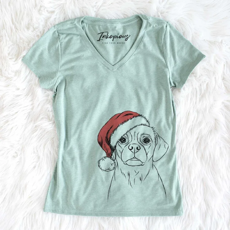 Santa Popcorn the Puggle - Women's V-neck Shirt-- Wool Fabric Cashmere Fabric Tweed Fabric Santa Popcorn the Puggle - Women's V-neck Shirt-- Wool Fabric Cashmere Fabric Tweed Fabric