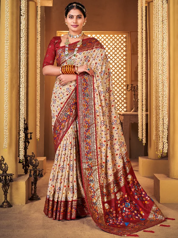 Women's Silk Blend Cream Woven Design Designer Saree With Blouse Piece Peter Pan Blouse