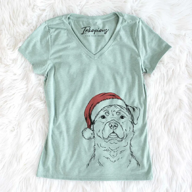 Santa Rocky the Rottweiler - Women's V-neck Shirt-- Zippered Front Buttoned Front Snap Front Santa Rocky the Rottweiler - Women's V-neck Shirt-- Zippered Front Buttoned Front Snap Front