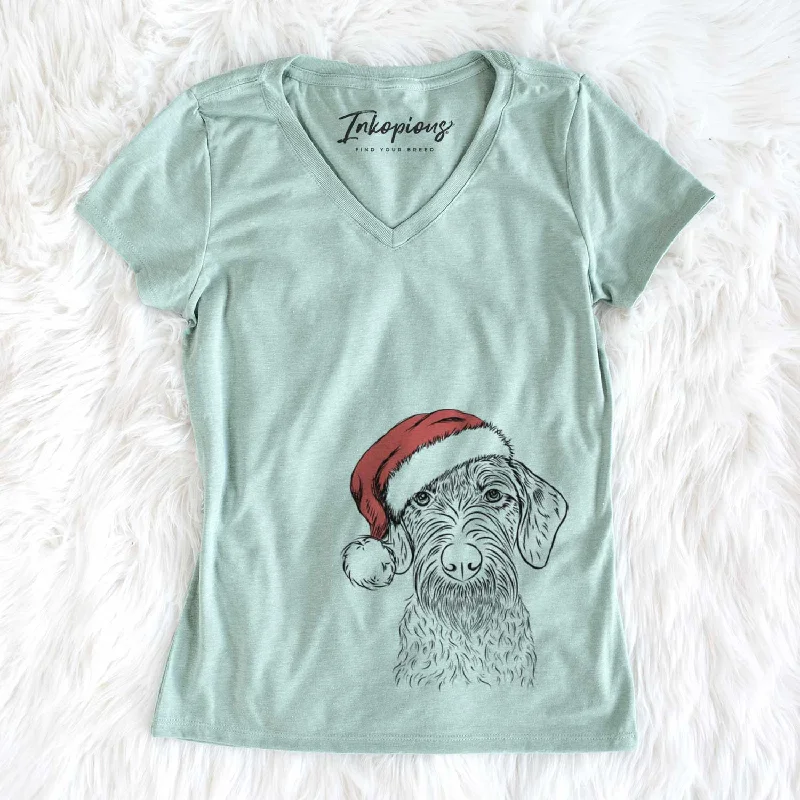 Santa Gus the German Wirehaired Pointer - Women's V-neck Shirt-- Chenille Fabric Brocade Fabric Lace Fabric Santa Gus the German Wirehaired Pointer - Women's V-neck Shirt-- Chenille Fabric Brocade Fabric Lace Fabric
