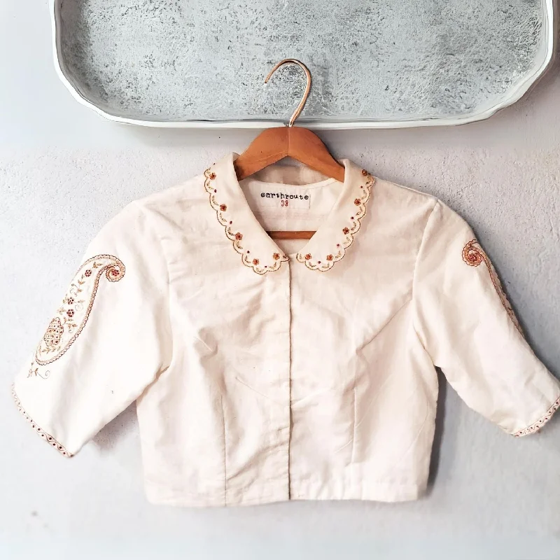 Embroidered Blouse For Women | Cotton Muslin | Scallop Collar | White High Neck Blouse