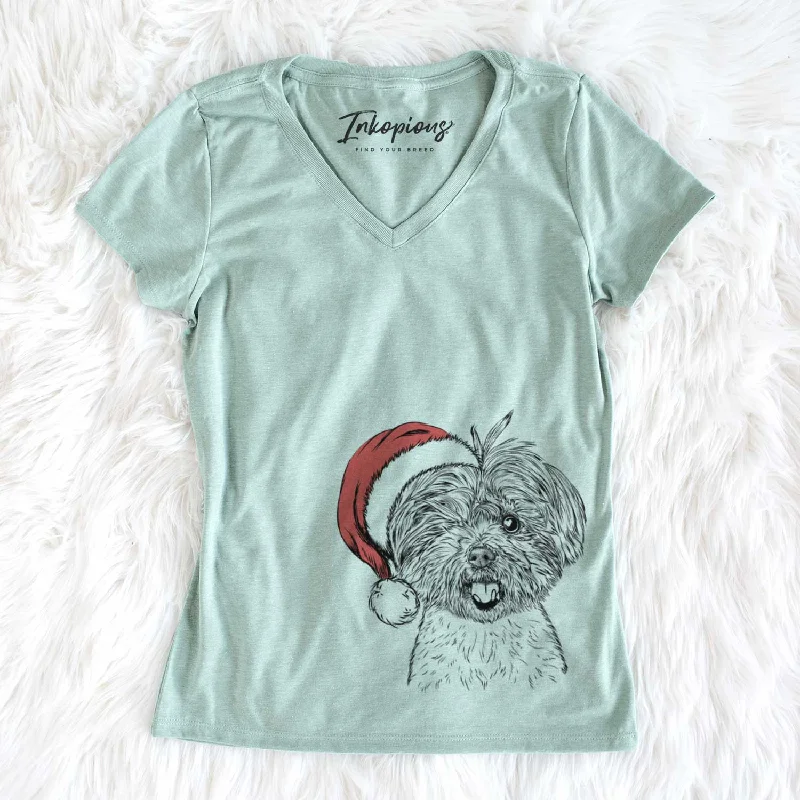 Santa Oliver the Yorkie Mix - Women's V-neck Shirt-- Notch Collar Peter Pan Collar Cowl Neck Santa Oliver the Yorkie Mix - Women's V-neck Shirt-- Notch Collar Peter Pan Collar Cowl Neck