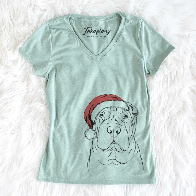 Santa Sharpy the Shar Pei - Women's V-neck Shirt-- Iron Safe Non-Iron Wrinkle Free
