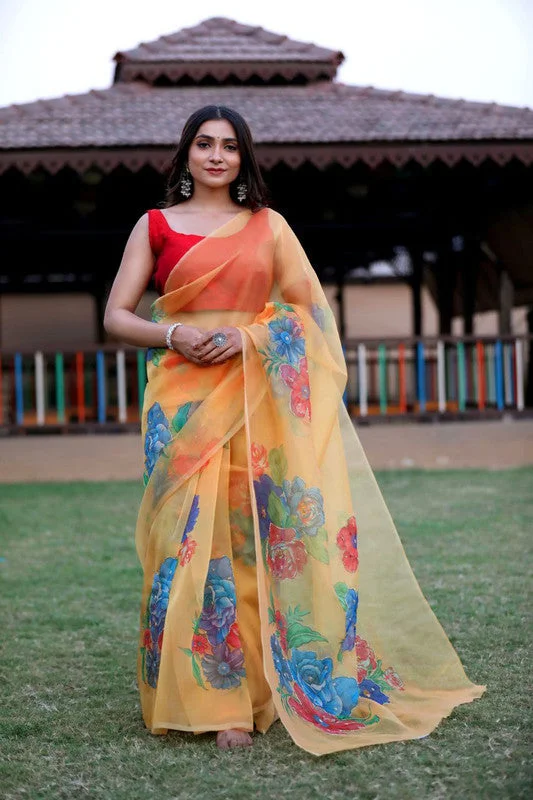 Women's Organza Digital print Hand Work Orange Saree With Blouse Piece Feminine Pastel Blouse