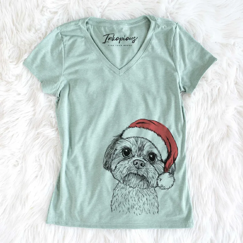 Santa Lucy the Shorkie - Women's V-neck Shirt-- Graphic T-Shirt Round Neck Polyester Santa Lucy the Shorkie - Women's V-neck Shirt-- Graphic T-Shirt Round Neck Polyester