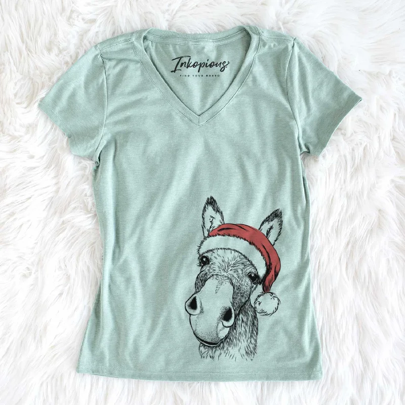 Santa Jenny the Donkey - Women's V-neck Shirt-- Solid Color Striped Floral