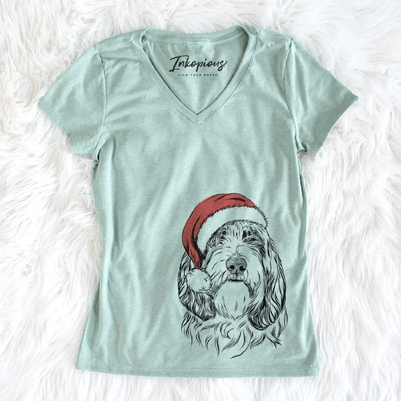 Santa Gerard the Petit Basset Griffon Vendeen - Women's V-neck Shirt-- Graphic T-Shirt Round Neck Polyester