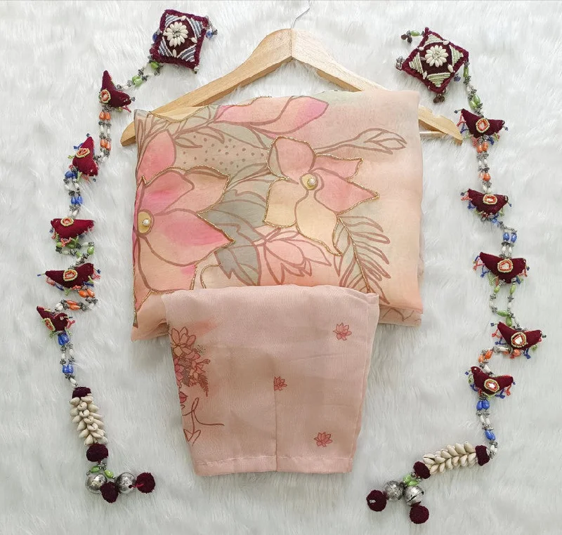 Women's Organza Digital print Hand Work Peach Saree With Blouse Piece Boho Chic Blouse
