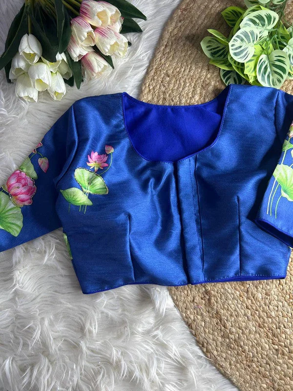 Women's Blue Colour Silk Readymade Blouse Peter Pan Collar Blouse