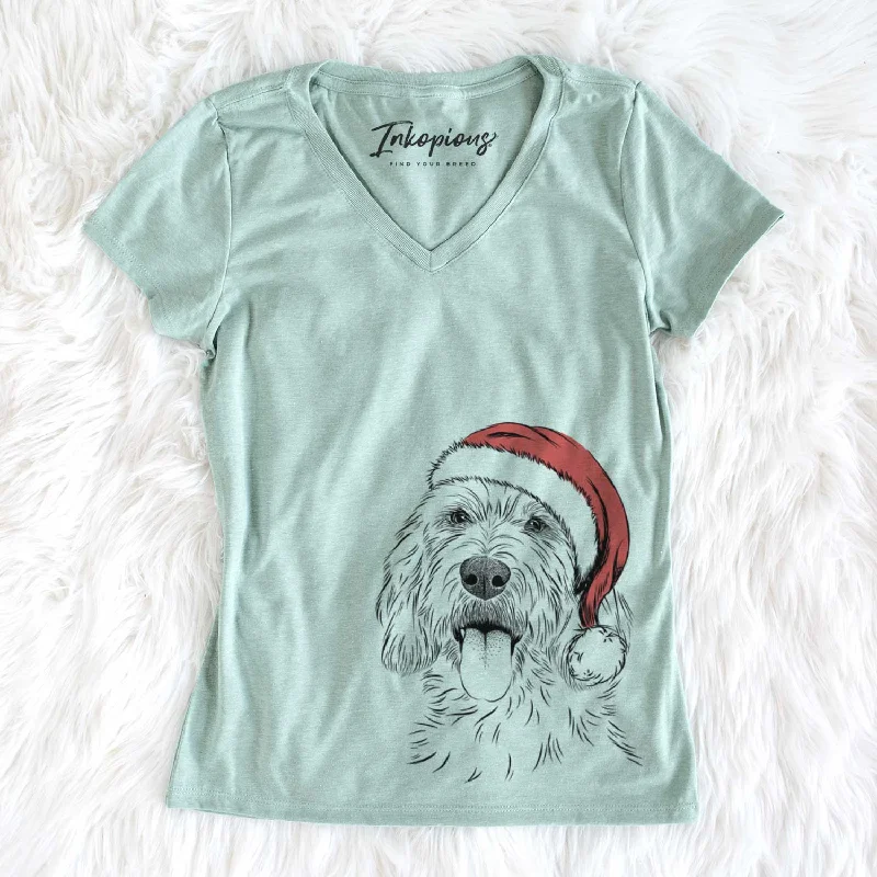Santa Homer the Grand Basset Griffon Vendeen - Women's V-neck Shirt-- Spandex Blend Rayon Blend Denim Blend Santa Homer the Grand Basset Griffon Vendeen - Women's V-neck Shirt-- Spandex Blend Rayon Blend Denim Blend