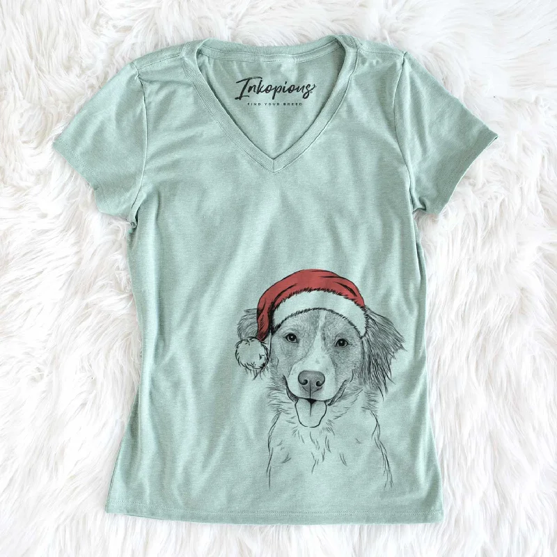 Santa Hercules the Nederlandse Kooikerhondje - Women's V-neck Shirt-- Polka Dot Checkered Tartan Santa Hercules the Nederlandse Kooikerhondje - Women's V-neck Shirt-- Polka Dot Checkered Tartan
