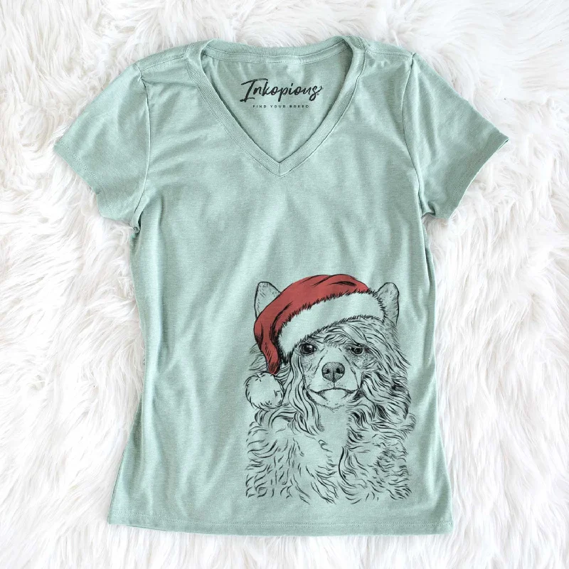 Santa Preston the Powderpuff Chinese Crested - Women's V-neck Shirt-- Notch Collar Peter Pan Collar Cowl Neck Santa Preston the Powderpuff Chinese Crested - Women's V-neck Shirt-- Notch Collar Peter Pan Collar Cowl Neck