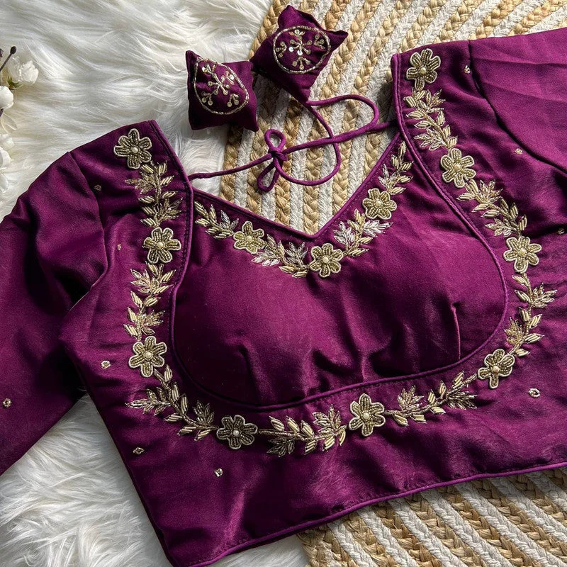 Women's Purple Colour Soft Silk Readymade Blouse Elegant Lace Blouse