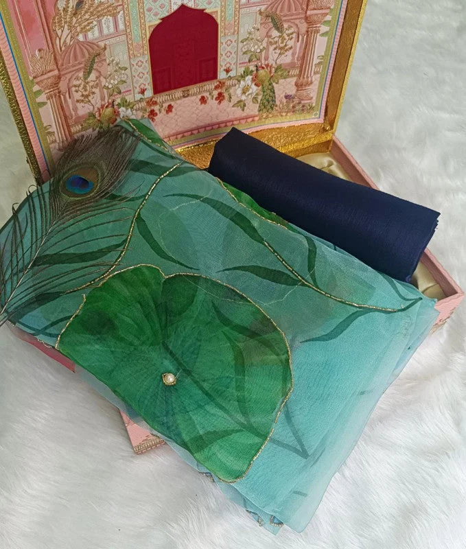 Women's Organza Digital print Hand Work Green Saree With Blouse Piece Elegant Silk Blouse