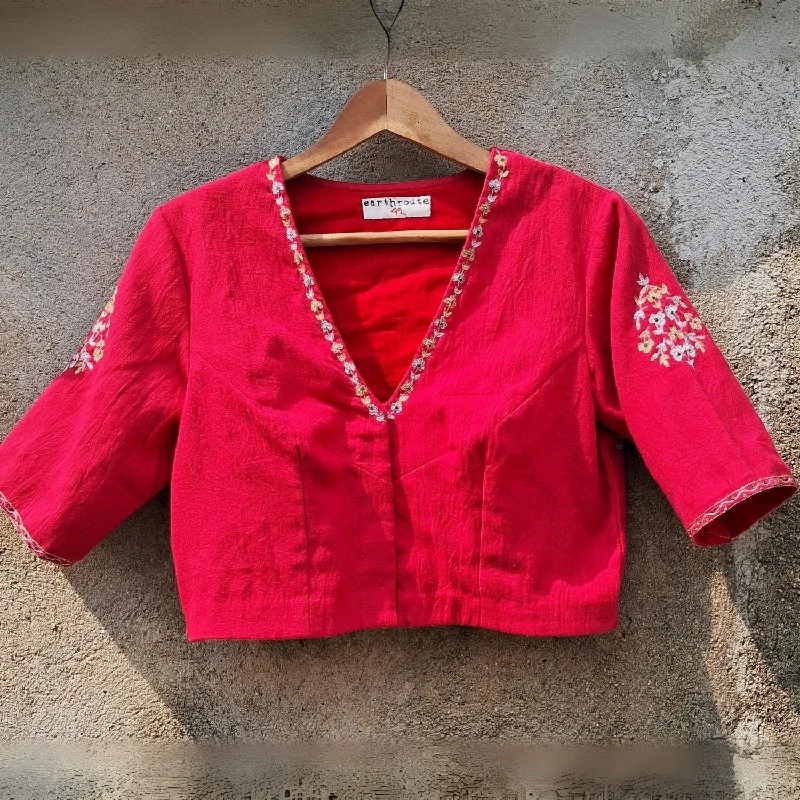 Embroidered Saree Blouse For Women | Cotton Muslin | Smart Design | Vibrant Red Silky Draped Blouse