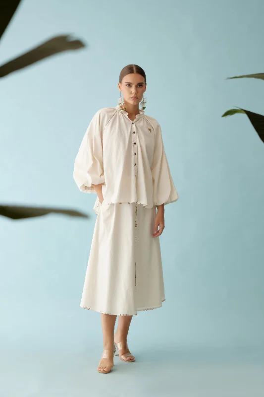 Cream Raglan Sleeves Shirt-- Mesh Blend Leather Blend Suede Blend