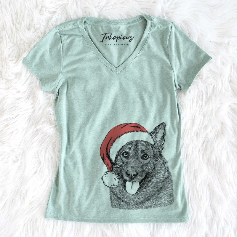 Santa Kasia the Norwegian Elkhound - Women's V-neck Shirt-- Front Pockets Side Pockets Patch Pockets Santa Kasia the Norwegian Elkhound - Women's V-neck Shirt-- Front Pockets Side Pockets Patch Pockets