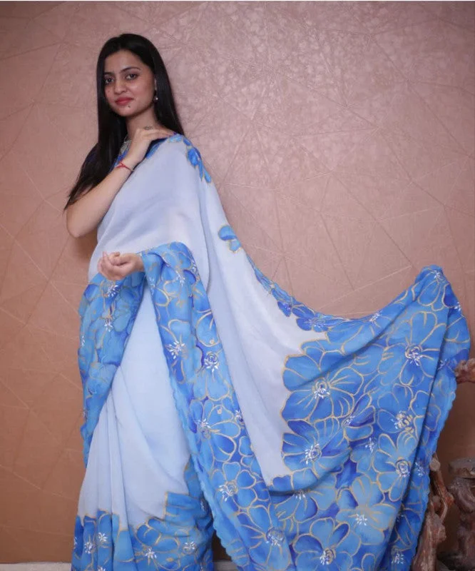 Women's Organza Silk Digital print Aari Work White Saree With Blouse Piece Feminine Ruffle Blouse