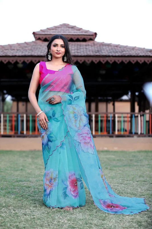 Women's Organza Digital print Aari Work Sky Saree With Blouse Piece Elegant Peplum Blouse