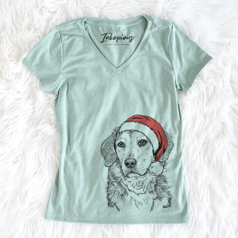Santa Gunner the Beagle Mix - Women's V-neck Shirt-- Jersey Fabric Tulle Fabric Batik Fabric