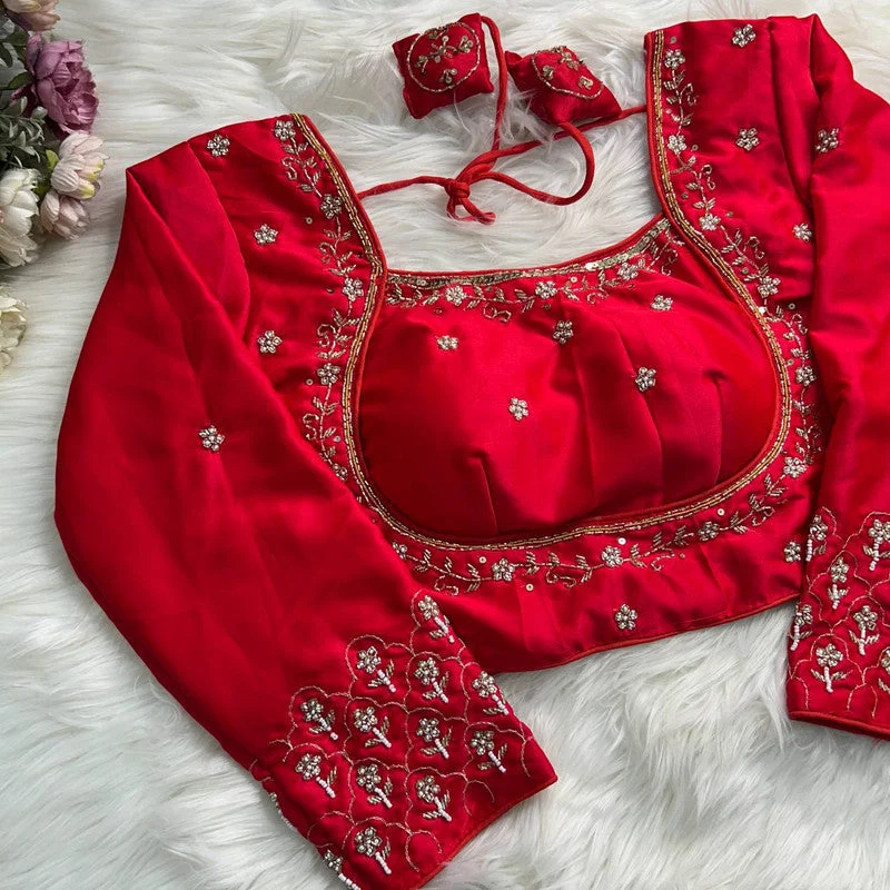 Women's Red Colour Soft Silk Readymade Blouse Embroidered Floral Blouse