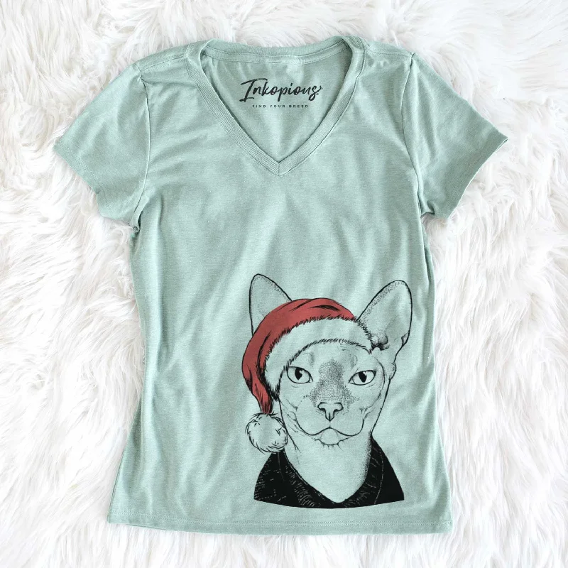 Santa Oliver Watson the Sphynx Cat - Women's V-neck Shirt-- Zippered Front Buttoned Front Snap Front Santa Oliver Watson the Sphynx Cat - Women's V-neck Shirt-- Zippered Front Buttoned Front Snap Front