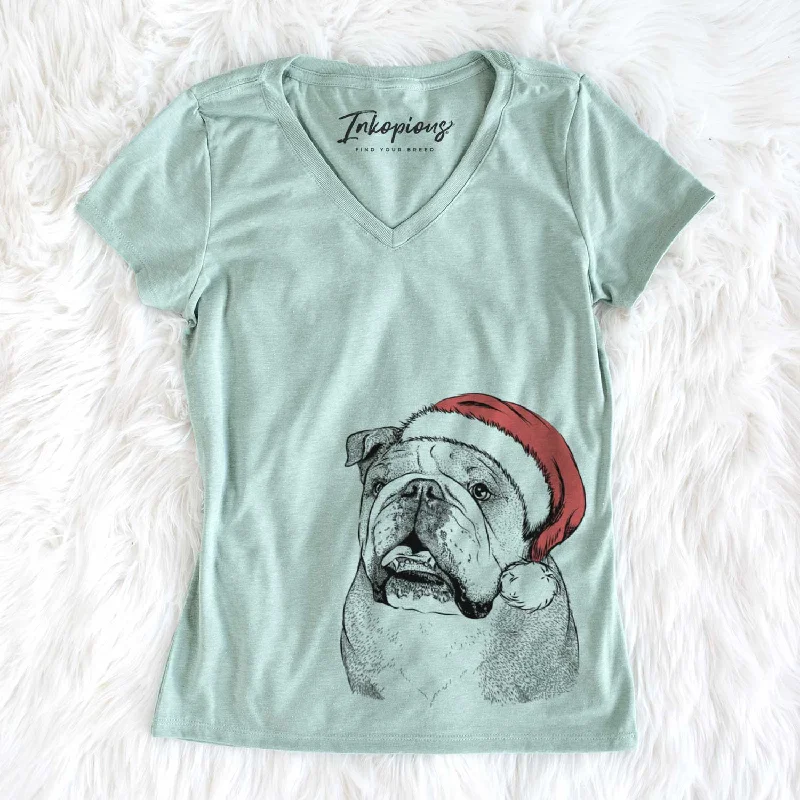 Santa Piggy the English Bulldog - Women's V-neck Shirt-- Mesh Blend Leather Blend Suede Blend Santa Piggy the English Bulldog - Women's V-neck Shirt-- Mesh Blend Leather Blend Suede Blend