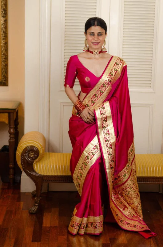 Women Banarasi Silk Woven Saree With Blouse Piece Chic Ruffle Blouse