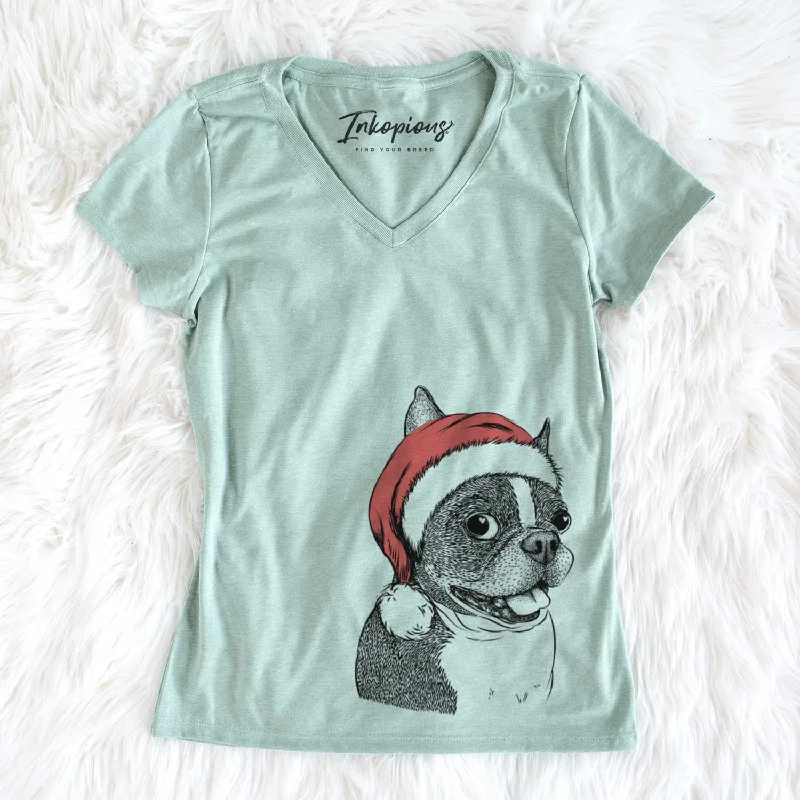 Santa Ralphie the Boston Terrier - Women's V-neck Shirt-- Fashionable Trendy Casual