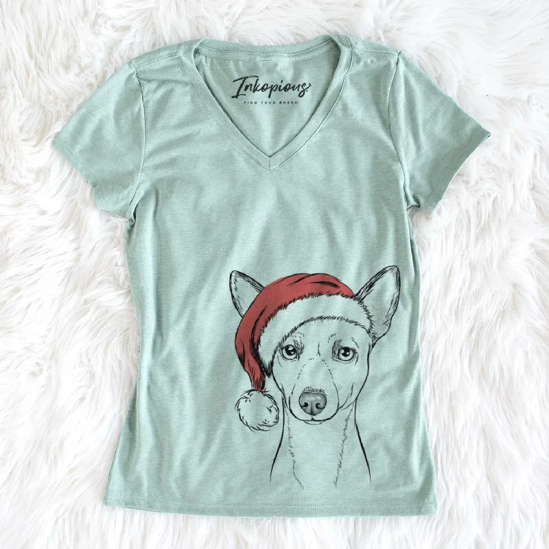 Santa Perry the Portuguese Podengo - Women's V-neck Shirt-- Anti-Pilling Machine Wash Handmade Santa Perry the Portuguese Podengo - Women's V-neck Shirt-- Anti-Pilling Machine Wash Handmade