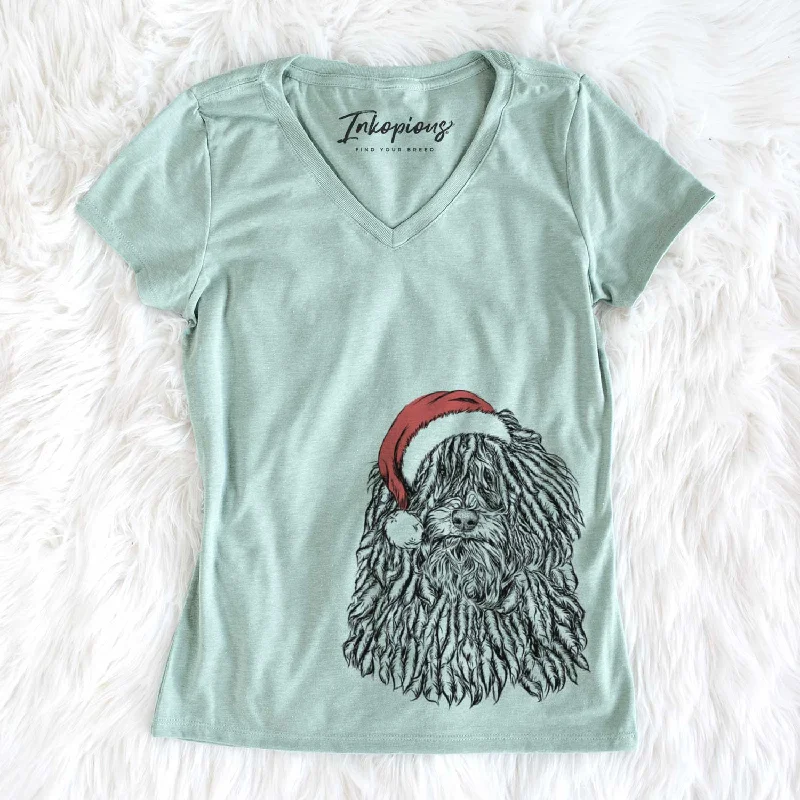 Santa Rezi the Puli - Women's V-neck Shirt-- Plaid T-Shirt Polka Dot Checkered