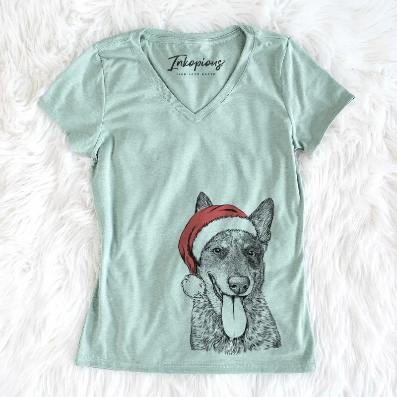 Santa Madison the Blue Heeler - Women's V-neck Shirt-- Chenille Blend Fleece Blend Nylon Blend