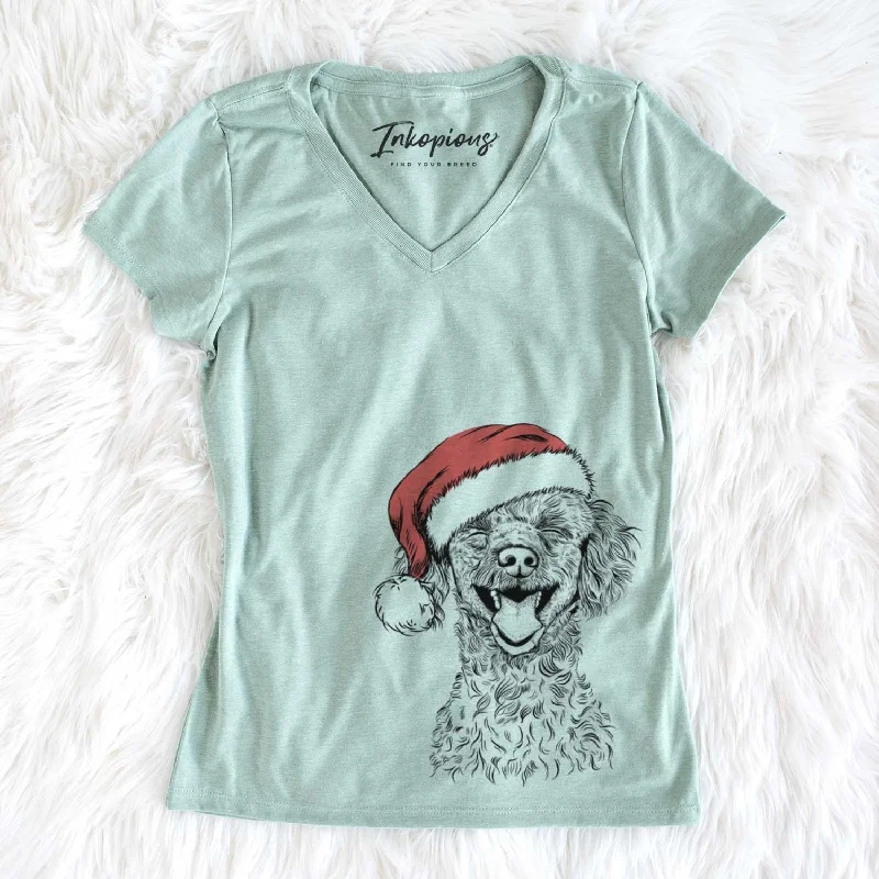 Santa Rusty the Toy Poodle - Women's V-neck Shirt-- Fleece Fabric Down Fabric Feather Fabric Santa Rusty the Toy Poodle - Women's V-neck Shirt-- Fleece Fabric Down Fabric Feather Fabric
