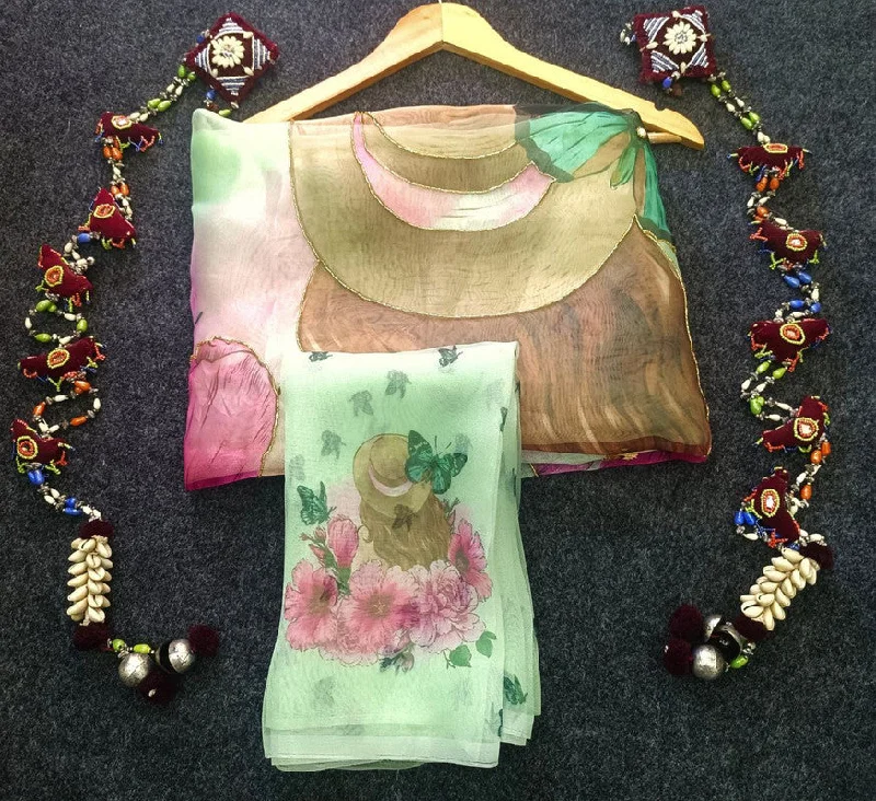 Women's Organza Digital print Hand Work Pista Saree With Blouse Piece Elegant Embroidery Blouse
