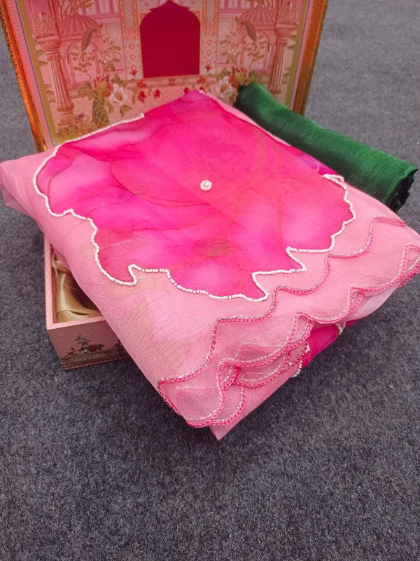 Women's Organza Digital print Aari Work Pink Saree With Blouse Piece Business Casual Blouse