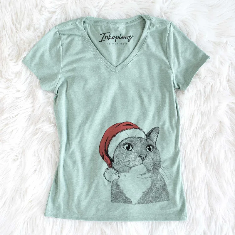 Santa Gizmo the Grey Cat - Women's V-neck Shirt-- Polka Dot Checkered Tartan