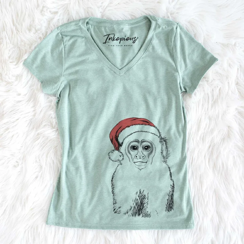 Santa Marcel the Capuchin Monkey - Women's V-neck Shirt-- Faux Fur Fabric Real Fur Fabric Shearling Fabric Santa Marcel the Capuchin Monkey - Women's V-neck Shirt-- Faux Fur Fabric Real Fur Fabric Shearling Fabric