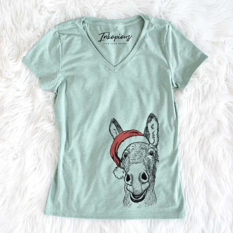 Santa Samule the Donkey - Women's V-neck Shirt-- Striped Floral Plaid
