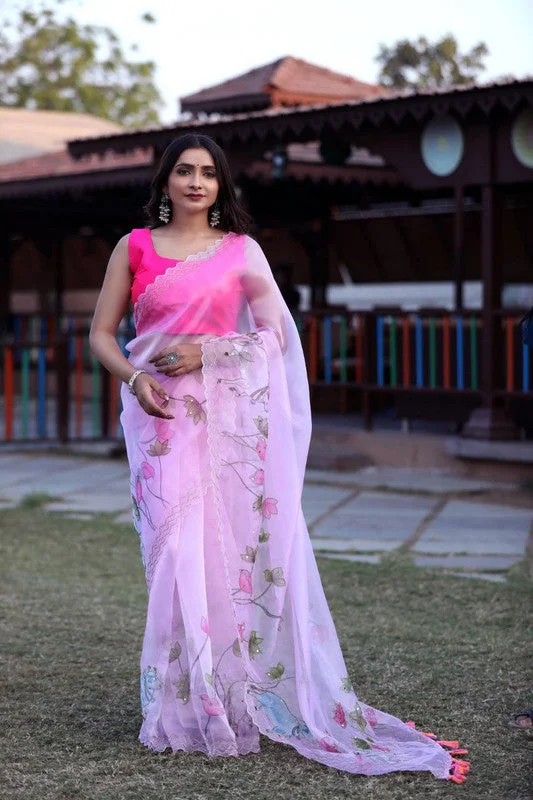 Women's Organza Digital print Hand Work Baby Pink Saree With Blouse Piece Delicate Pleat Blouse