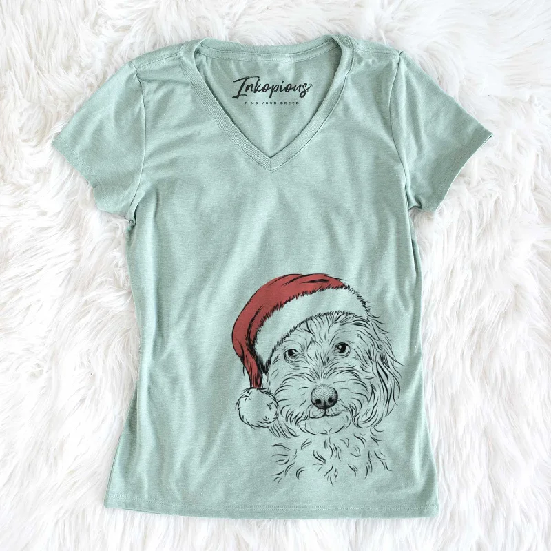 Santa Mason the Cavapoo - Women's V-neck Shirt-- Striped Floral Plaid