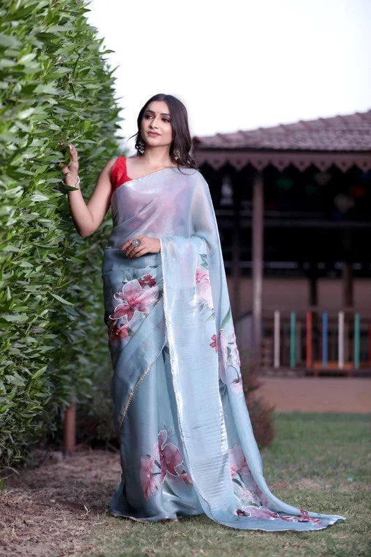 Women's Organza Digital print Hand Work Grey Saree With Blouse Piece Ruched Sleeve Blouse