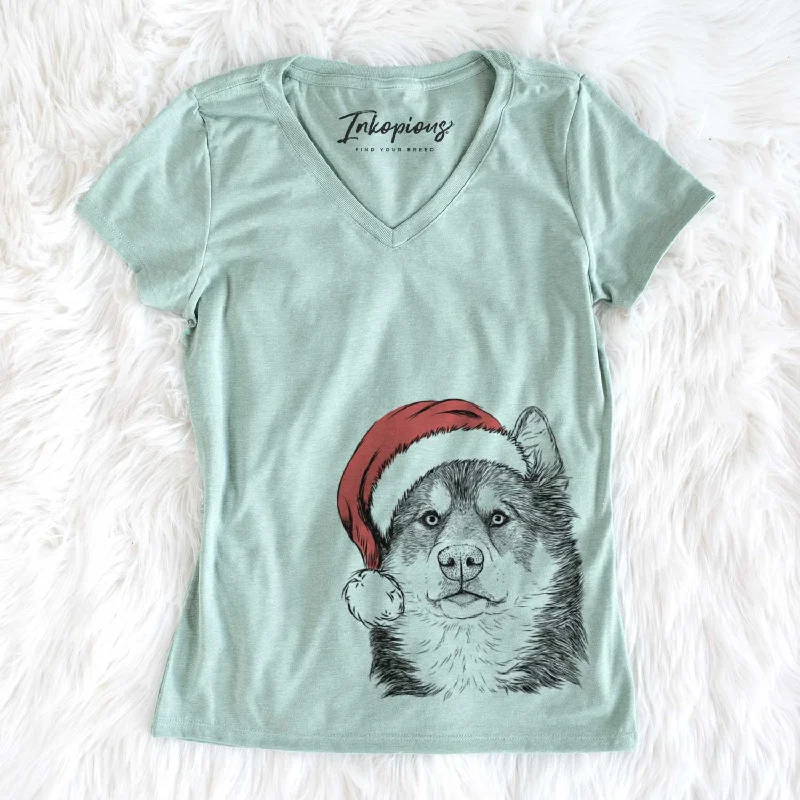 Santa Oskar the Canadian Eskimo Dog - Women's V-neck Shirt-- Polka Dot Checkered Tartan Santa Oskar the Canadian Eskimo Dog - Women's V-neck Shirt-- Polka Dot Checkered Tartan