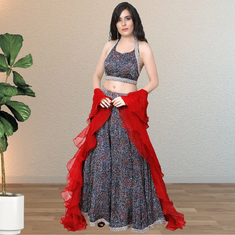 Ajrakh Modal Wedding Lehenga Set | Halter & Backless Blouse & Ruffled Dupatta Everyday Stylish Blouse
