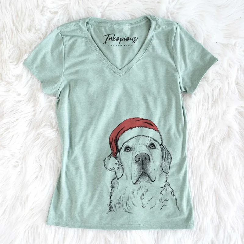 Santa Hank the Irish Cream Golden Retriever - Women's V-neck Shirt-- Cotton Fabric Linen Fabric Terry Fabric Santa Hank the Irish Cream Golden Retriever - Women's V-neck Shirt-- Cotton Fabric Linen Fabric Terry Fabric