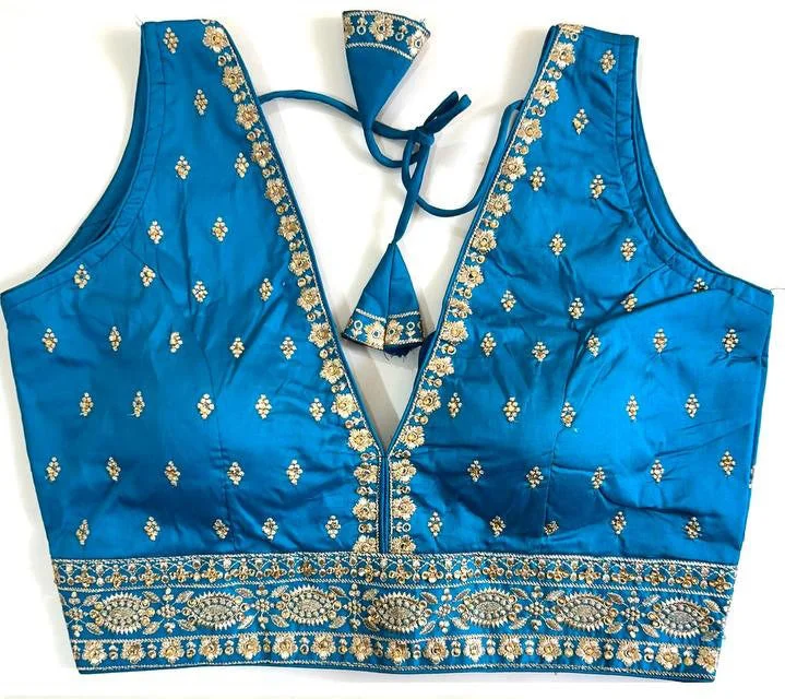 Women's Sky Blue Colour Silk Readymade Blouse Elegant Semi-Sheer Blouse
